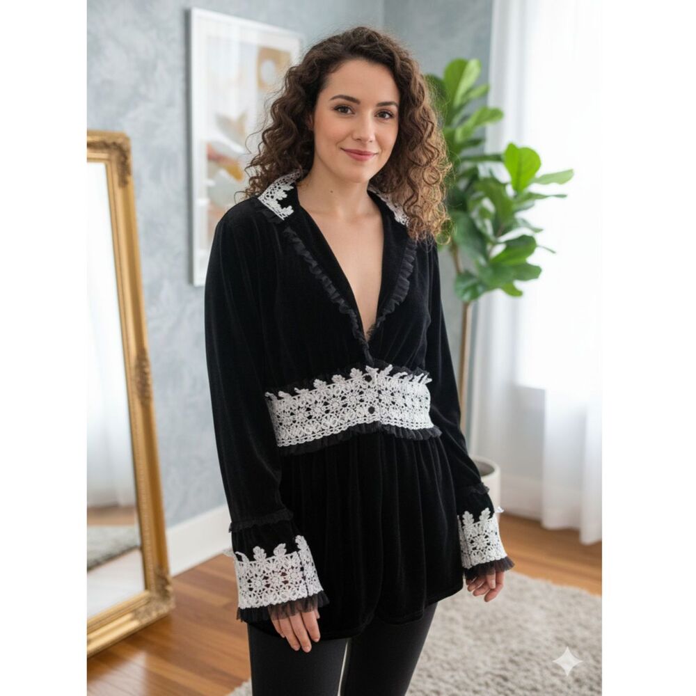 Misslook Black Velvet Velour Blouse White Lace Jacket Lined Womens Size 3XL